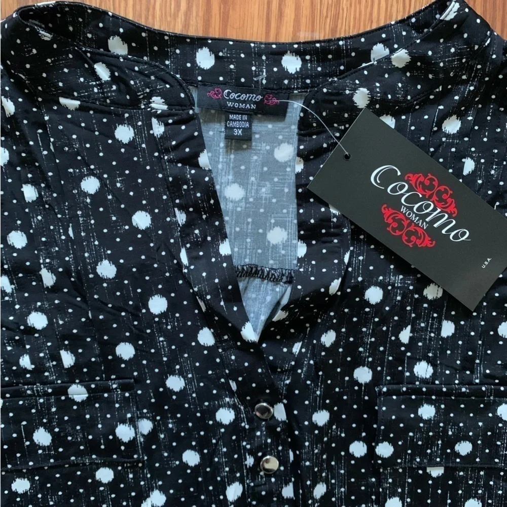 COCOMO 3X Black White 3/4 sleeve Plus Size women's Pintuck Blouse shirt